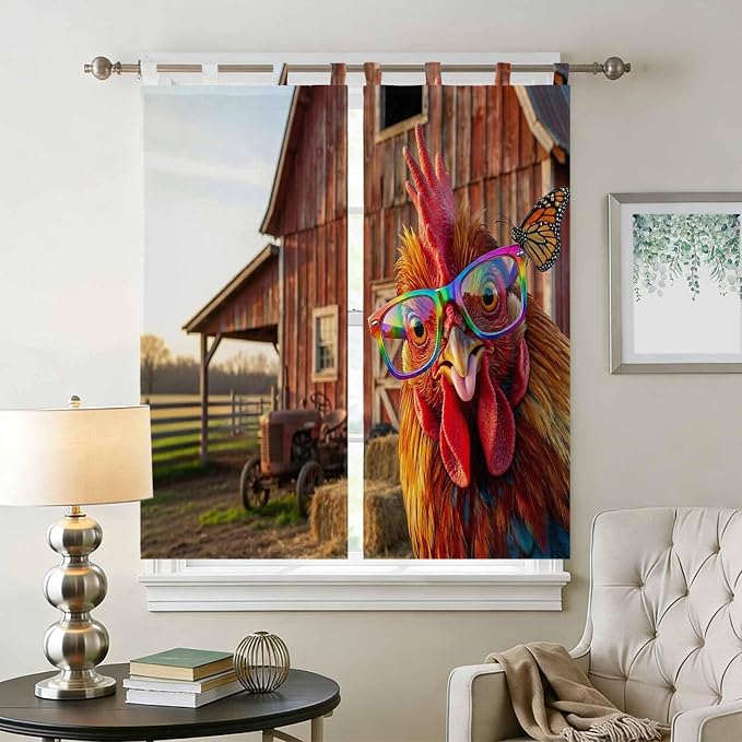 Farm Rooster Bedroom Curtains 72 Inch Length, Window Curtains Tab Top,