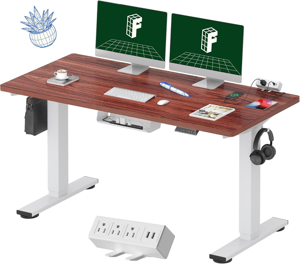 FLEXISPOT EN2 55"x28" Whole-Piece Standing Desk with Power Strip, Mahogany