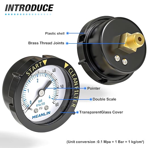 MEANLIN MEASURE 0~60Psi Plastic Frame 1/4" NPT Start and Clean Filter Pressure