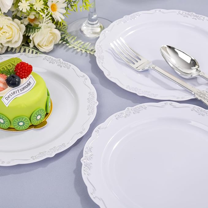DaYammi 60PCS White and Silver Plastic Plates, Heavy Duty White and Silver