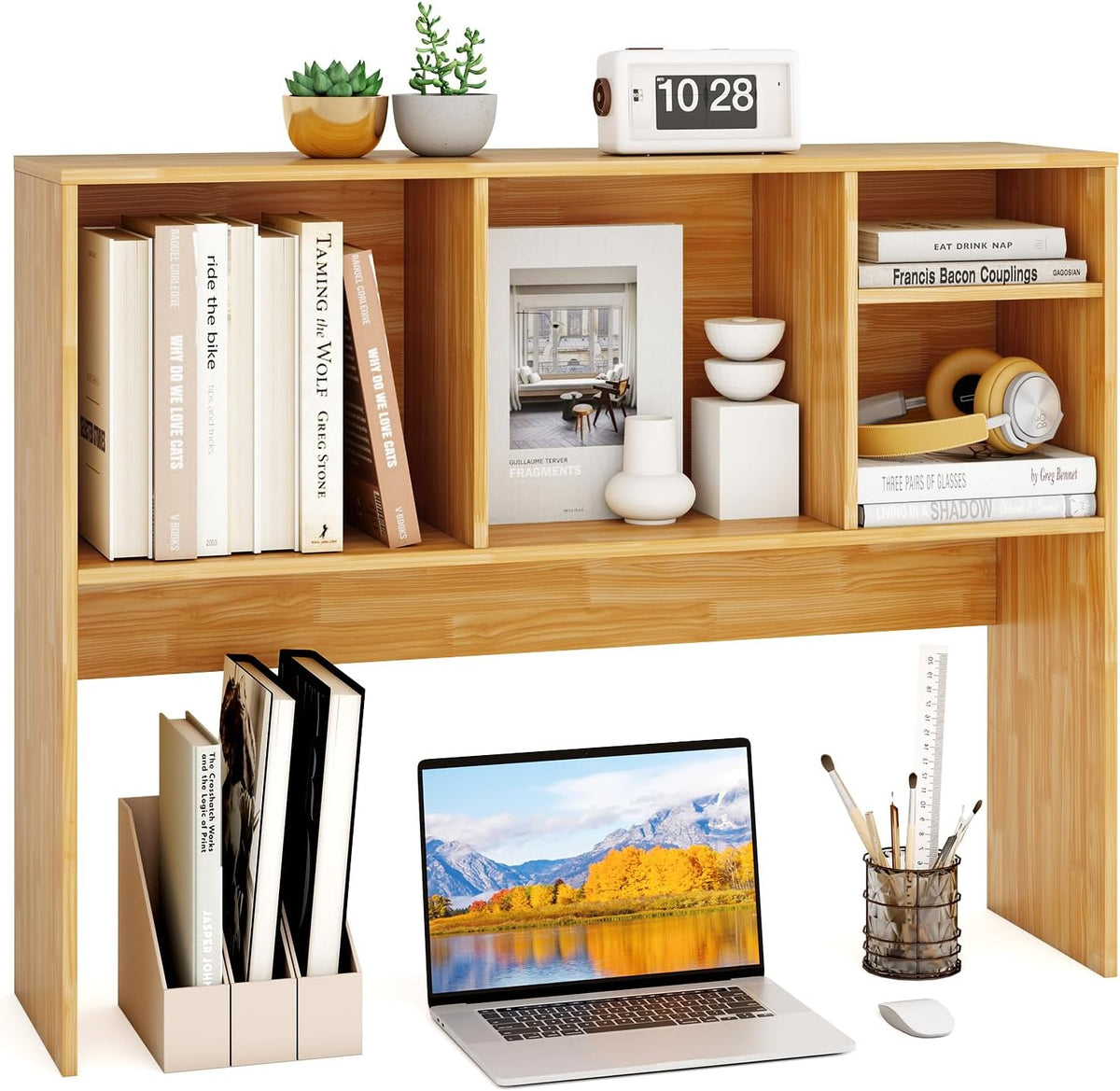 GOFLAME 4 Cubes Desktop Bookshelf, 37” Tabletop Wood Desk Shelf for Computer Monitor, Modern Countertop Desk Display Hutch Storage Organizer Shelf for Home Office, Dorm, Study, Burlywood