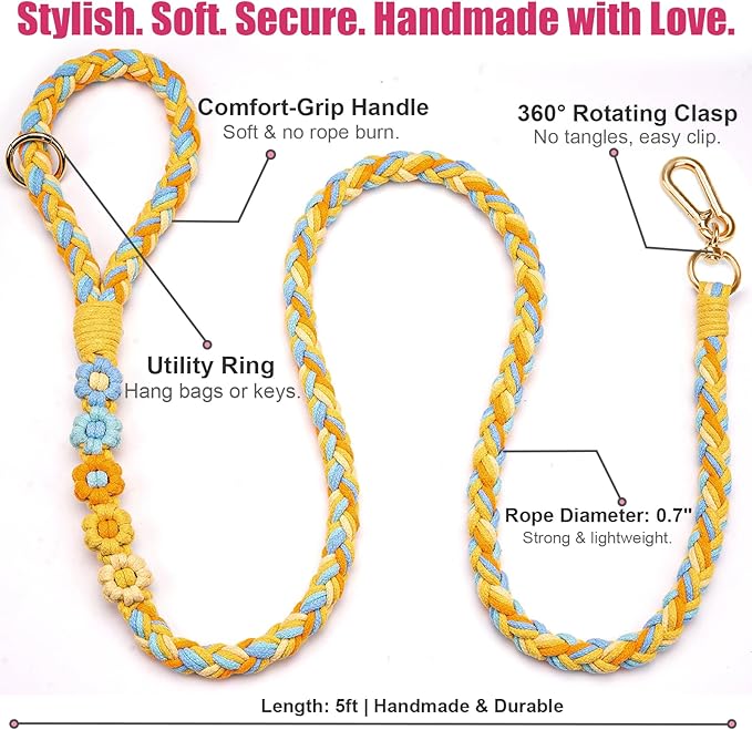 Handmade 5ft Braided Cotton Dog Leash with Unique Floral Handle, Durable and Stylish, Ideal for Small to Large Dogs(Sunshine Breeze)