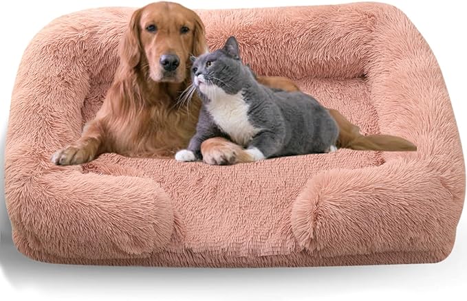 Dog Beds Medium Large Size Dog, Calming Dog Bed with Removable Washable Cover, Waterproof Lining and Nonskid Bottom(Leather Pink,S)