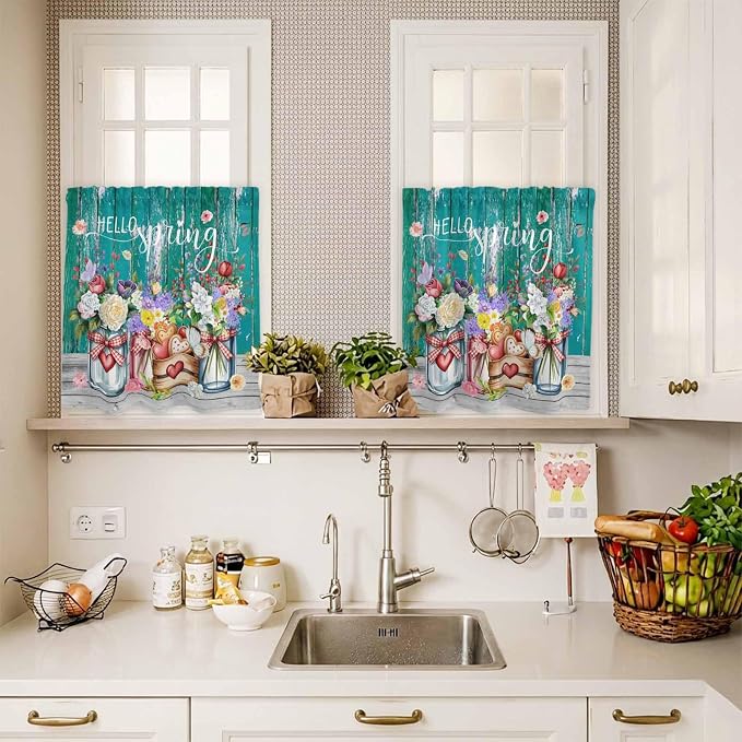 Spring Flowers Kitchen Curtain Set, Farmhouse Watercolor Teal Wood Grain Window