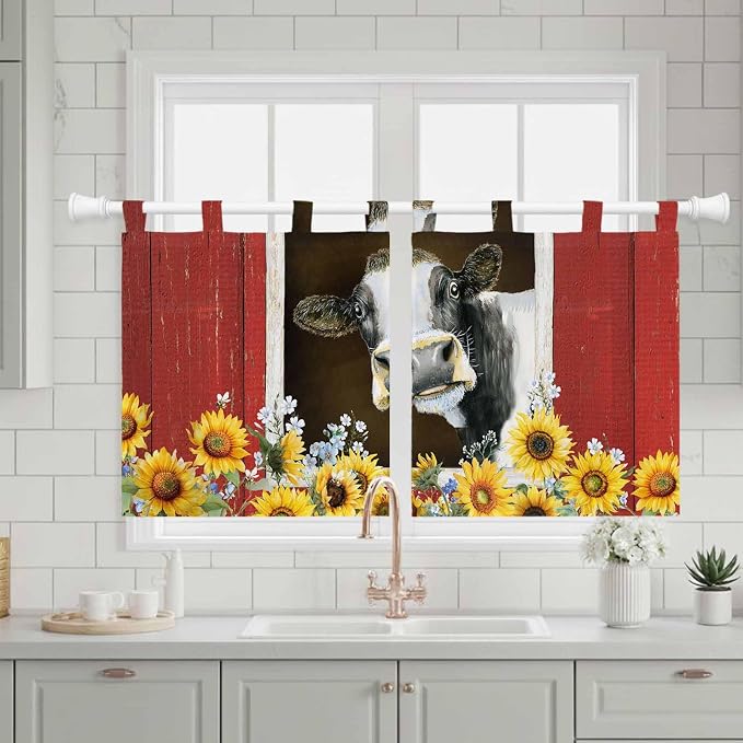 Cows Sunflowers Kitchen Curtains 24 Inch Length, Small Window Curtains Tab Top