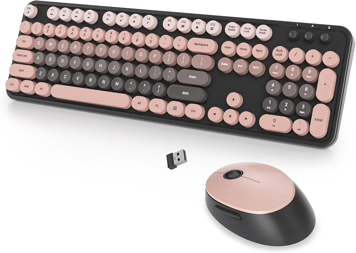 Wireless Keyboard and Mouse Set, Retro Typewriter Black Pink