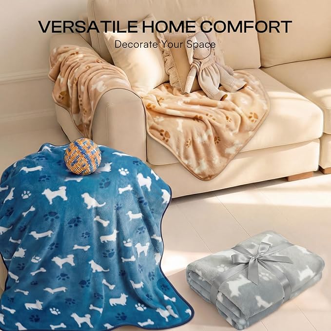 Luciphia 1 Pack 3 Blankets, Cute Dog Printed Fluffy Fleece Pet Blanket for Dogs Cats Washable, Warm Soft Throw Cover for Crate Couch, Gifts Puppy Essentials, Blue/Grey/Khaki, Medium (30x20 inch)