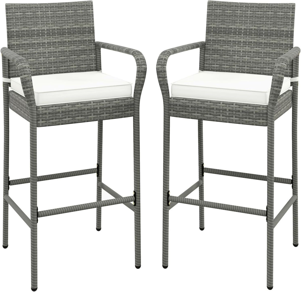 COSTWAY Patio Wicker Bar Stools Set of 2 with Cushions, Armrests, Footrests