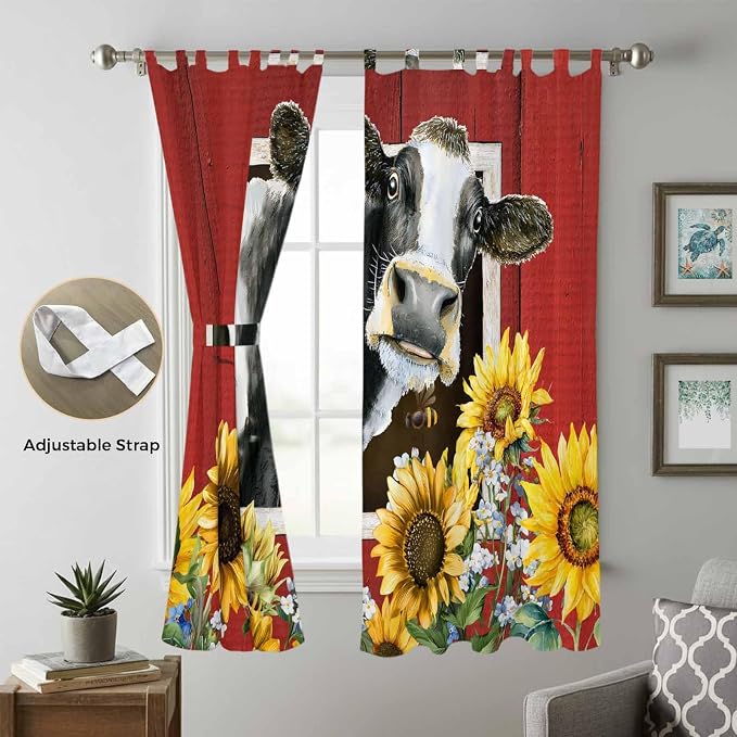 Cows Sunflowers Living Room Curtains 96 Inch Length, Window Curtains Tab Top