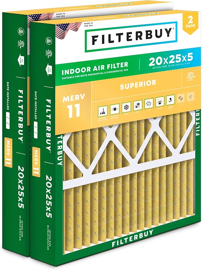 Filterbuy 20x25x5 Air Filter MERV 11 Superior Pet & Allergy Defense, Pleated