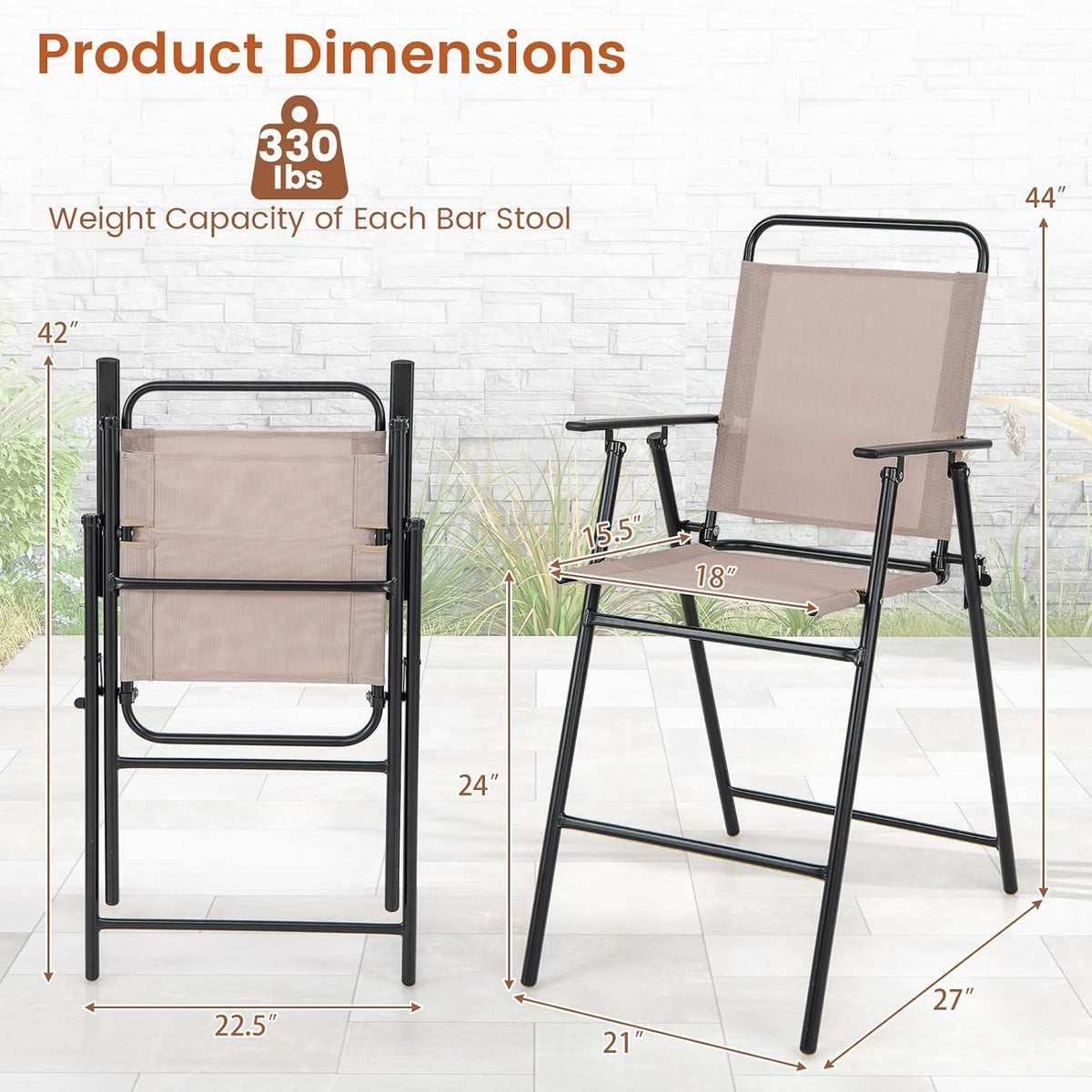 COSTWAY Outdoor Folding Bar Chairs Set of 2 with Armrest and High Back