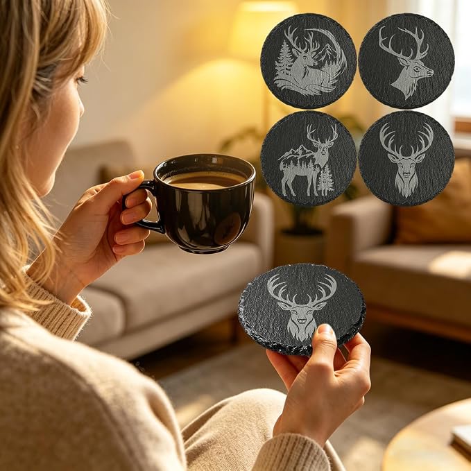 4Pcs Slate Coasters with Deer Pattern, Round 3.94 inch Cup Mats