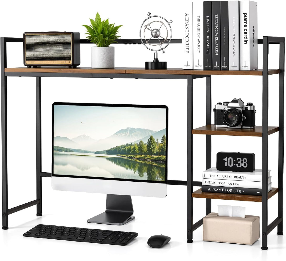 38.6" Desk Shelf, 3-Tier Desk Hutch for Computer Monitor, Rustic Brown