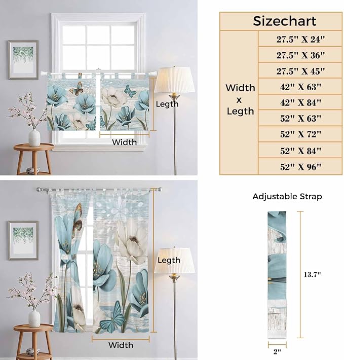 Spring Floral Kitchen Curtains 45 Inch Length, Short Cafe Window Curtains Tab