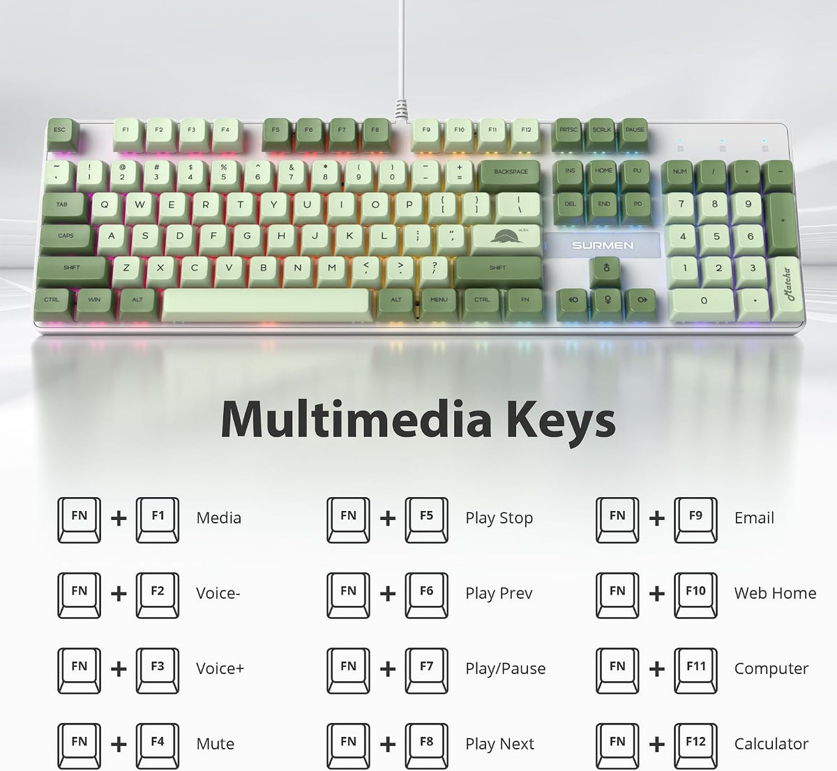 Fogruaden Mechanical Keyboard, Green Matcha, Wired USB 104 Key RGB Backlit Gaming Keyboard with Number Pad, Red Switches, NKRO for Windows Laptop PC Gamer