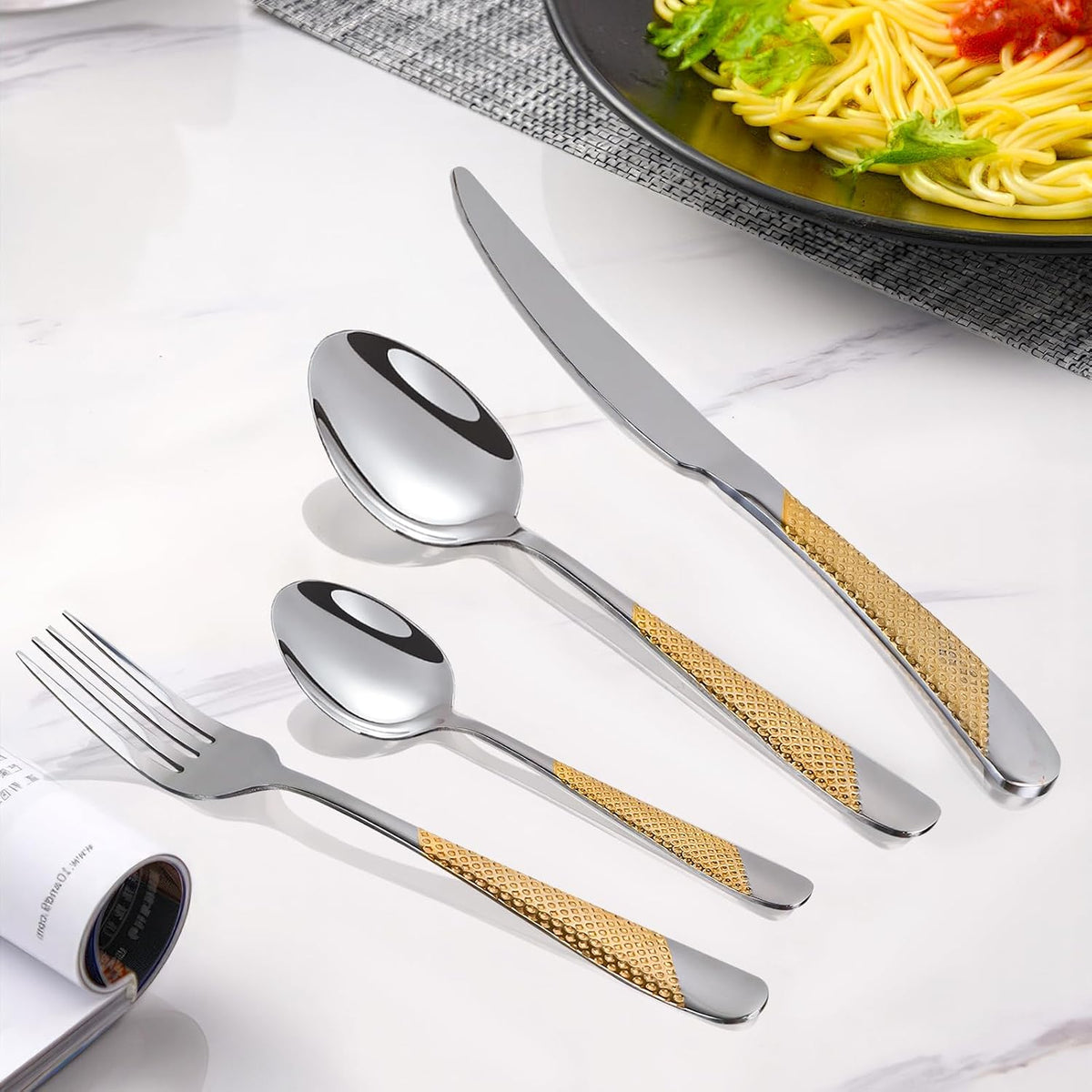 24-Piece Silverware Set with Organizer, Stainless Steel Flatware for 6, Cutlery Utensil Sets with Antiskid Handle, Rust-proof Stainless Steel Cutlery, Mirror Polished,Dishwasher Safe (Gold-silver)