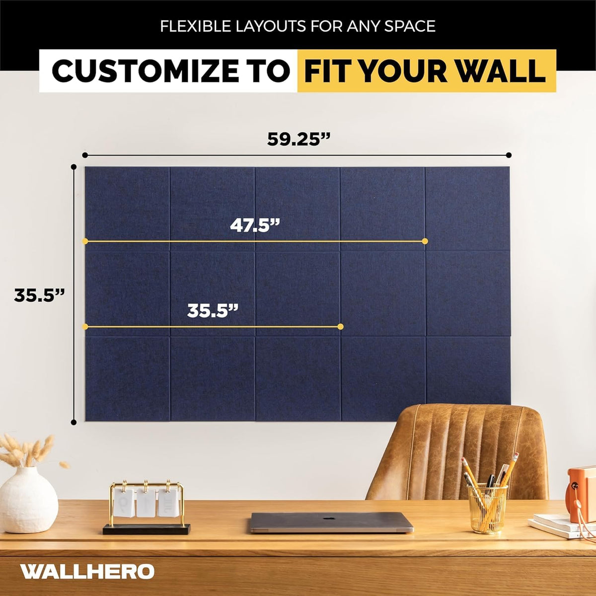 WALLHERO Large Cork Board Alternative | 15 Pack | Sizing Up to 59”x36”, Felt Wall Tiles, Office Wall Decor, Large Cork Boards for Walls, Corkboard, Cork Board for Office, Pin Board, Blue