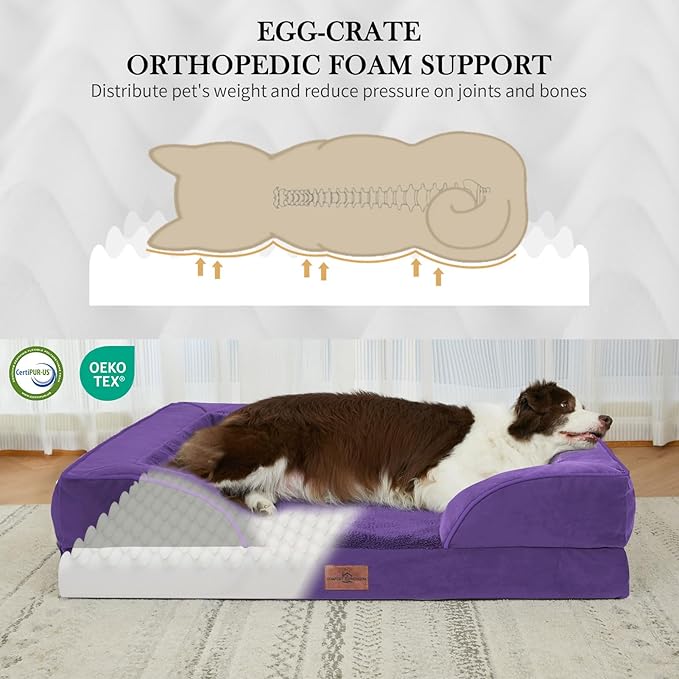 Comfort Expression Orthopedic Dog Bed for Extra Large Dogs 42x30 Inch, Waterproof Egg Crate Foam XL Pet Bed with Removable Bolsters, Dog Couch with Washable Cover & Non-Slip Bottom, Deep Purple