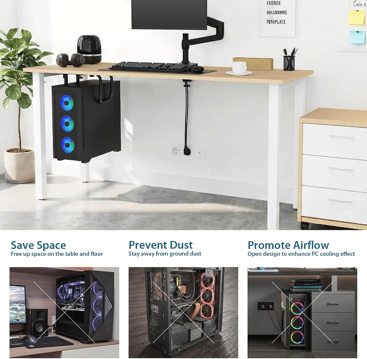 Univivi Heavy Duty Single Arm Under Desk PC Mount, Adjustable Width, Black