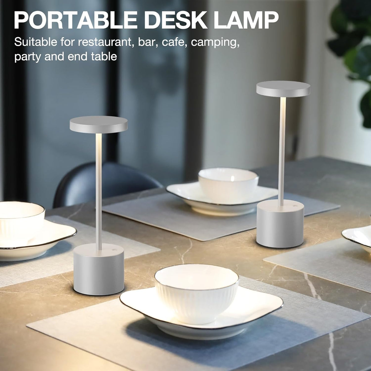 Kakanuo Silver Gray Cordless Lamp Set, Rechargeable Lamp, 3 Color Temperature, LED Outdoor Wireless Lamps, Battery Operated Lamps, Stepless Dimmable, Touch Control