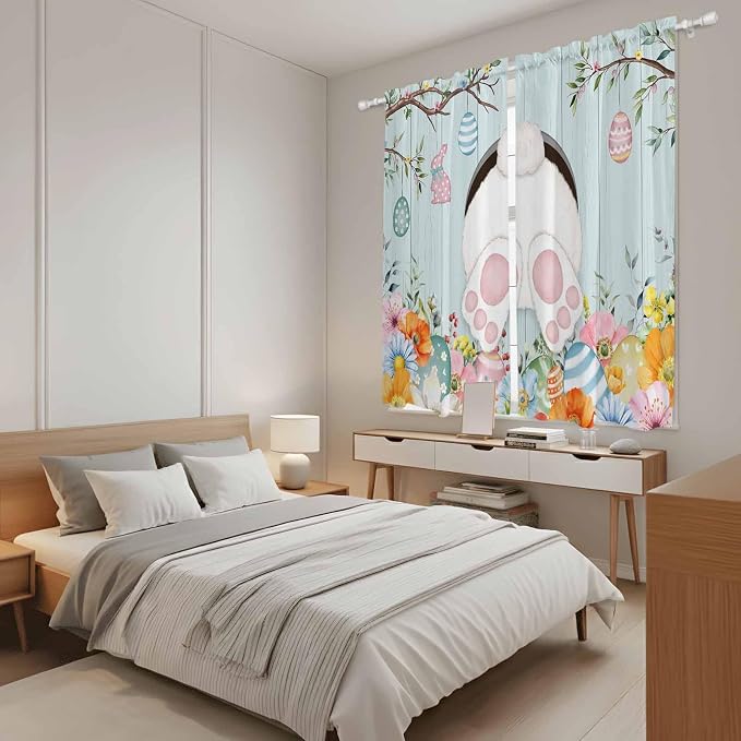 Easter Bunny Window Curtains 63 Inch Long 2 Panel Set, Rod Pocket Bedroom