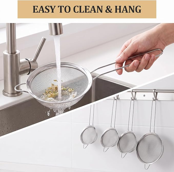 4PCS Fine Mesh Strainer Set, Stainless Steel Kitchen Sieve
