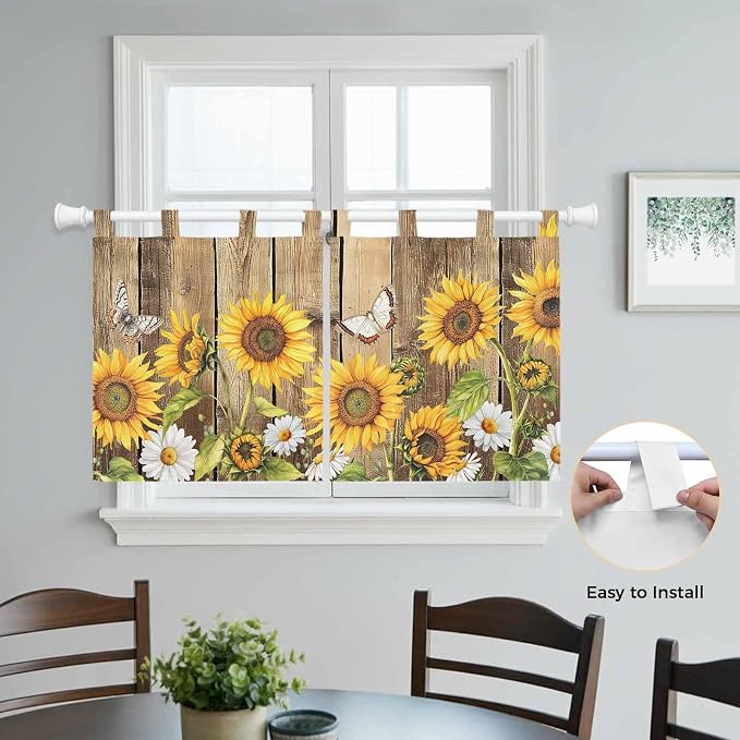 Farmhouse Sunflowers Kitchen Curtains 36 Inch Length, Small Window Curtains Tab