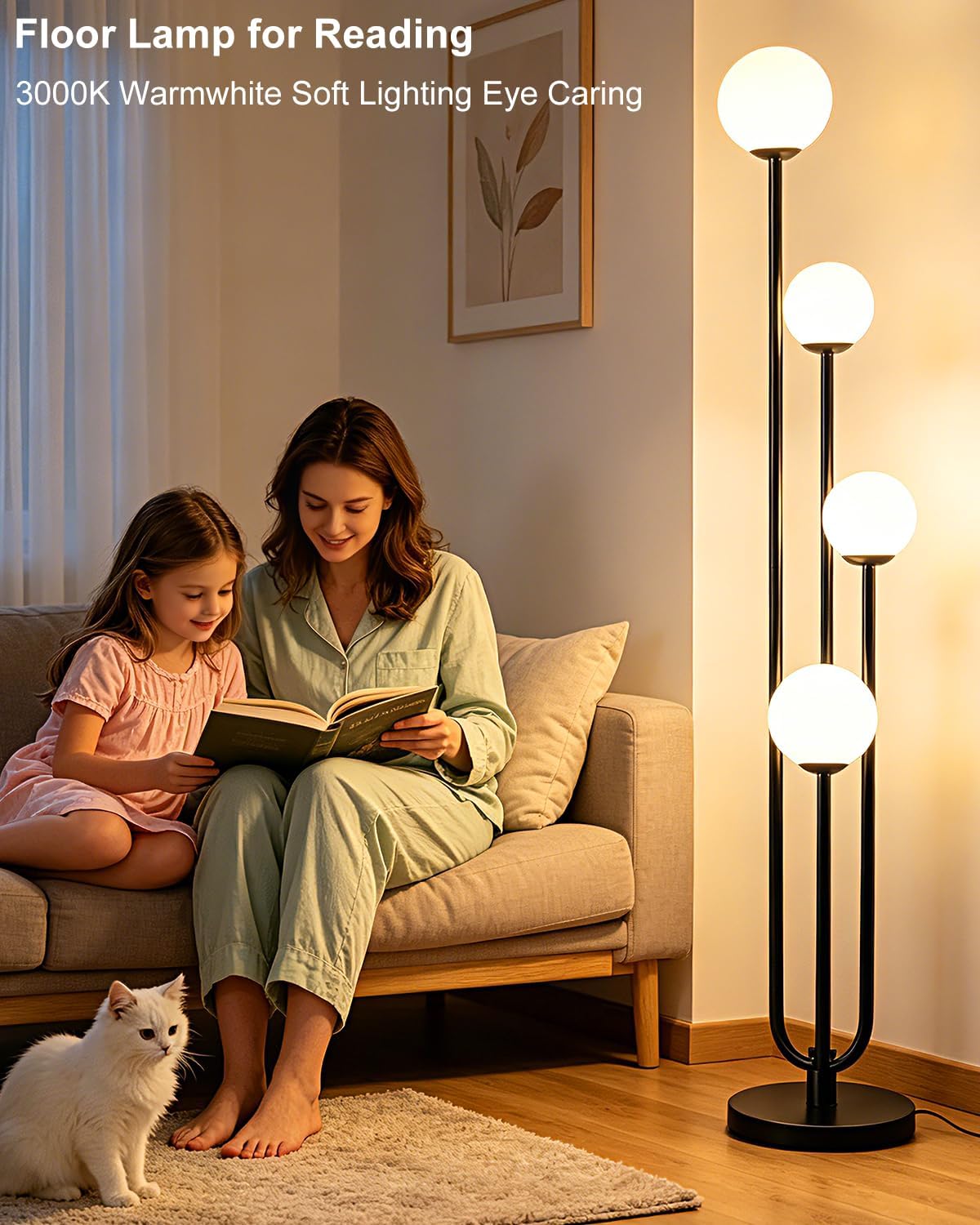 63IN 4-Light Globe Floor Lamp, Unique Black Tall Standing Lamps with 3000K Bulbs for Reading, Mid Century Modern Floor Lamp with 5Lbs Heavy Base for Living Room Bedroom Office