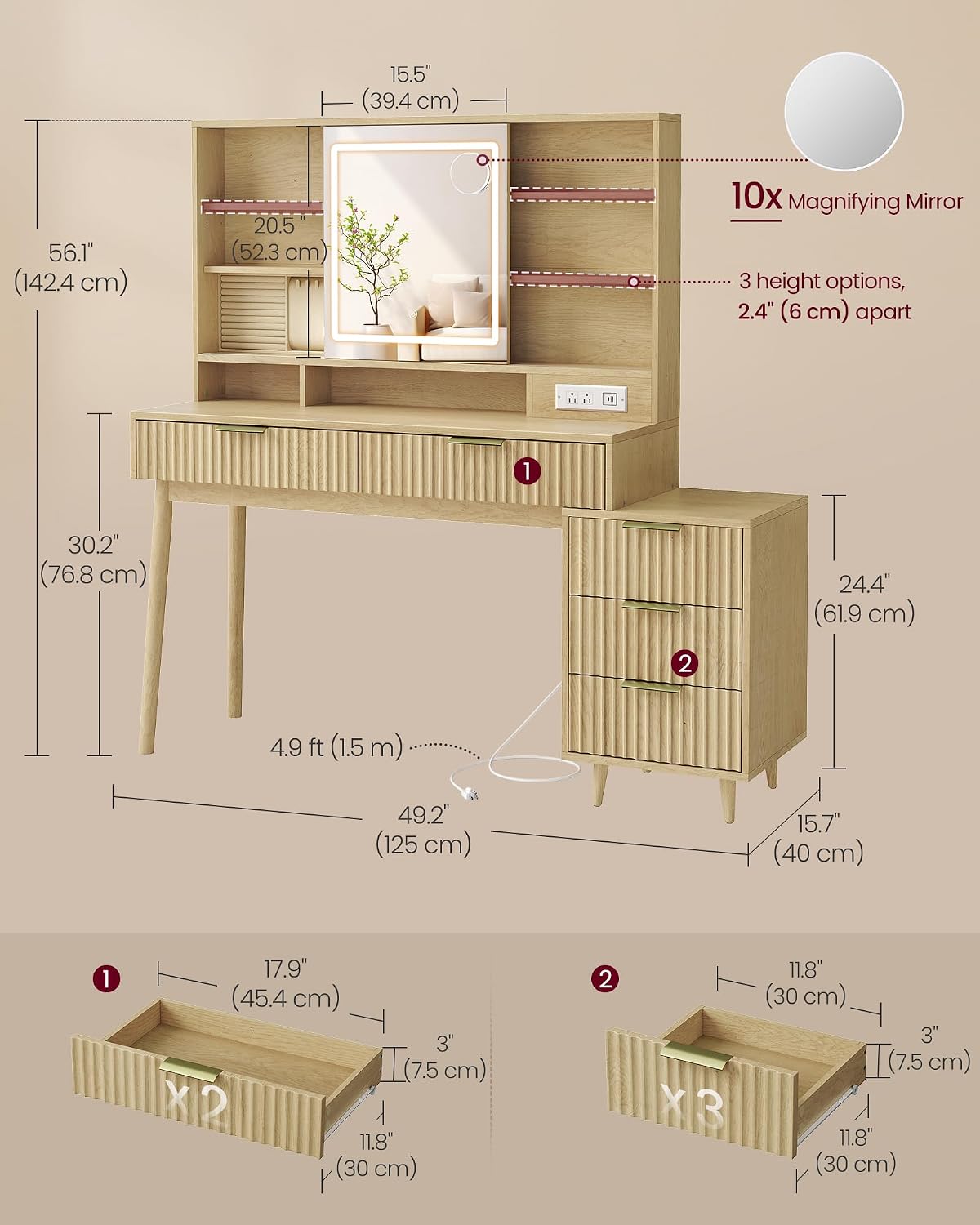 VASAGLE Fluted Vanity Desk with Sliding Mirror and Lights, 5 Drawers