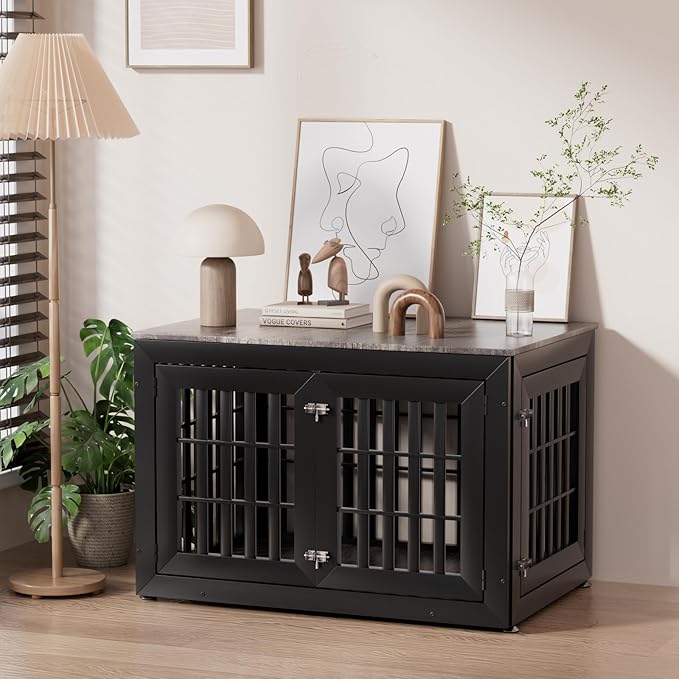 42" Heavy Duty Dog Crate Furniture for Small,Medium and Large Dogs,Rustic Wooden Dog Cage Kennel Indoor Furniture with Waterproof Top,Decorative Pet House Side End Table (Black & Grey)