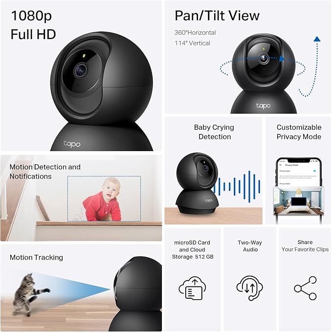 Tapo 1080P Indoor Pan/Tilt Wired Security Camera - Works as a Baby & Pet Monitor, Motion Detection, 2-Way Audio, Siren, Night Vision, Subscription-Free Local Storage or Optional Cloud, Black, C201