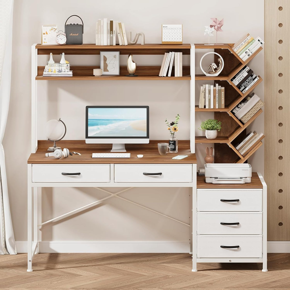 YOMILUVE 52" Computer Desk with Bookshelf, 5 Drawers ＆ Hutch for Bedroom