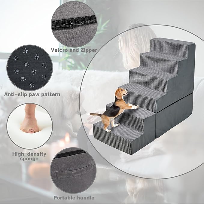 Dog Steps for High Beds 30-32" H, 6-Step Dog Stairs for Small Dogs, 33D Foam Pet Steps for High Bed Climbing, Non-Slip Balanced Pet Stair Ramps for Bed Indoor, Grey