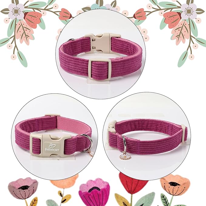 Cute Corduroy Dog Collar - Fuchsia Adjustable Dog Collars for X-Small Dogs 4-10lbs, Fade-Proof with Secure Snap & Little Charm, Christmas Birthday Gift, XS