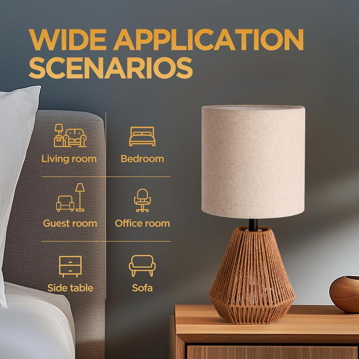 Boho Table Lamp with Linen Drum Shade, 14.17” Bedside Lamp with E26 Rattan Base for Living Room, Bedroom, Office – Natural Woven Style Accent Light, Bulb Not Included