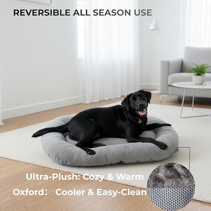 Washable Dog Bed for X‑Large Dogs, Dog Beds Large Sized Dog, Reversible Plush & Oxford Dog Bed for Crates, 3" Thick Cushion Kennel Mat, Machine Washable Non‑Slip Bottom, Fits 48 Inch Crates, Grey