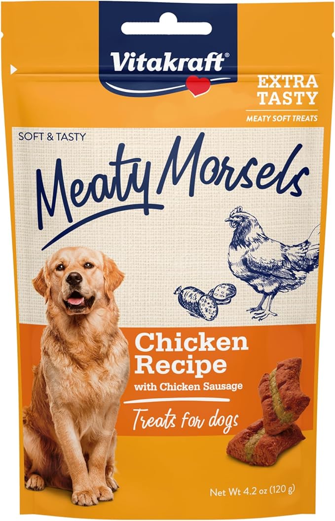 Vitakraft Meaty Morsels Soft & Chewy Dog Treats – Over 70% Meat with Meaty Filling – Meat Filling Chewy Treats for All Ages – No Artificial Colors, Flavors or Added Sugar – 4.2 oz Resealable Bag