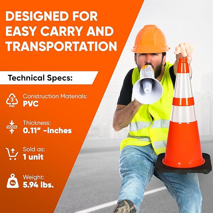 Pyle 28-Inch Safety Traffic Cones, 4-Pack Orange Parking Cones with Reflective Collars, Stackable PVC Construction for Roadwork, Sports Training & Events, Solid High-Density Base for Stability