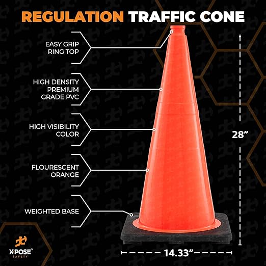 Xpose Safety 28 Inch Orange Traffic Cones, 12-Pack - Multipurpose PVC Plastic Safety Cone for Parking, Soccer, Caution, Kids and Construction - DOT Approved