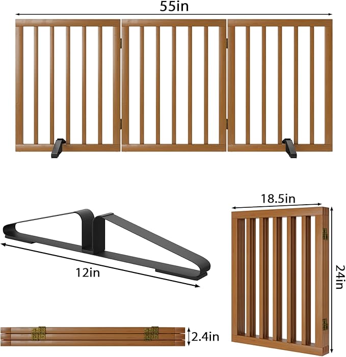 Freestanding Pet Gate Foldable Dog Gate (55 inches Wide) Walnut Bamboo Dog Gates for Stairs Doorways House (2 Support Feet Included)