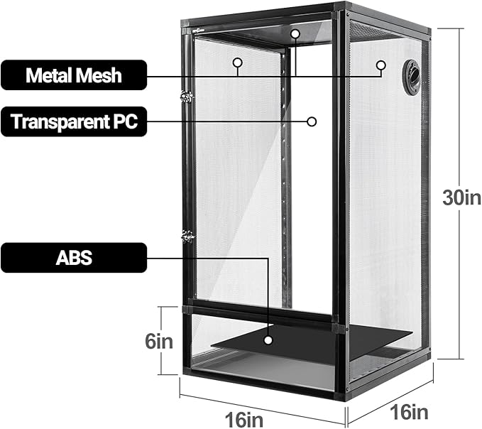 REPTI ZOO 16" x 16" x 30" Front Opening Chameleon Cage with 3-Sided Metal Mesh, 34 Gallon Screen Vertical Terrarium with Background Sticker, Tall Enclosure for Chameleon, Tree Frog, Arboreal Reptiles