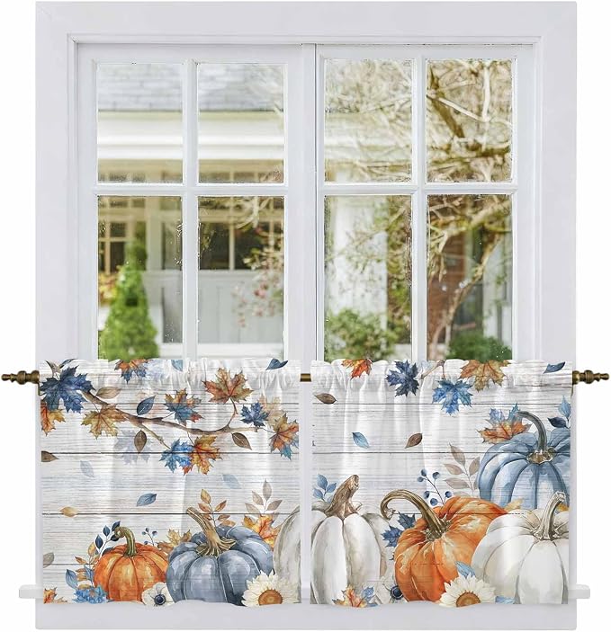 Thanksgiving Pumpkin Kitchen Tier Curtains 24 Inch Long 2 Panel Set, Rod Pocket
