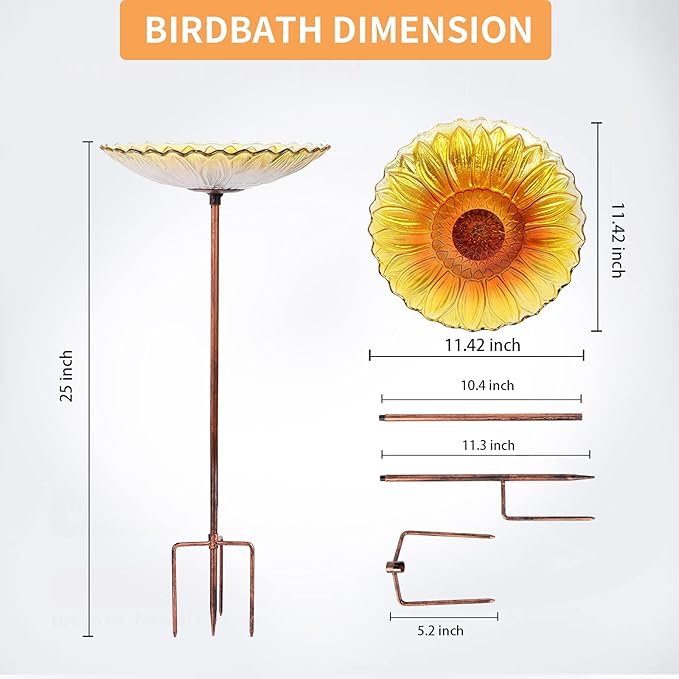MUMTOP Glass Bird Bath, Garden Outdoor Birdbaths Birdfeeder with Metal Stake Sunflower