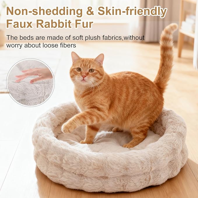 Cat Beds for Indoor Cats, Washable Round Beds for Small Dog and Cats, Soft Plush Faux Fur Removable Pet Bed for Puppy and Kitten, 24"x24"x7"