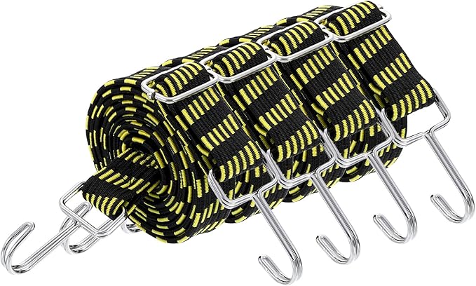 uxcell 4Pcs Adjustable Bungee Cords with Hooks, 79 Inch Flat Heavy Duty Elasticity Straps Rubber Bungee Cords with Buckle for Outdoor, Camping, Tarp, Bike Rack, Luggage, Black Yellow