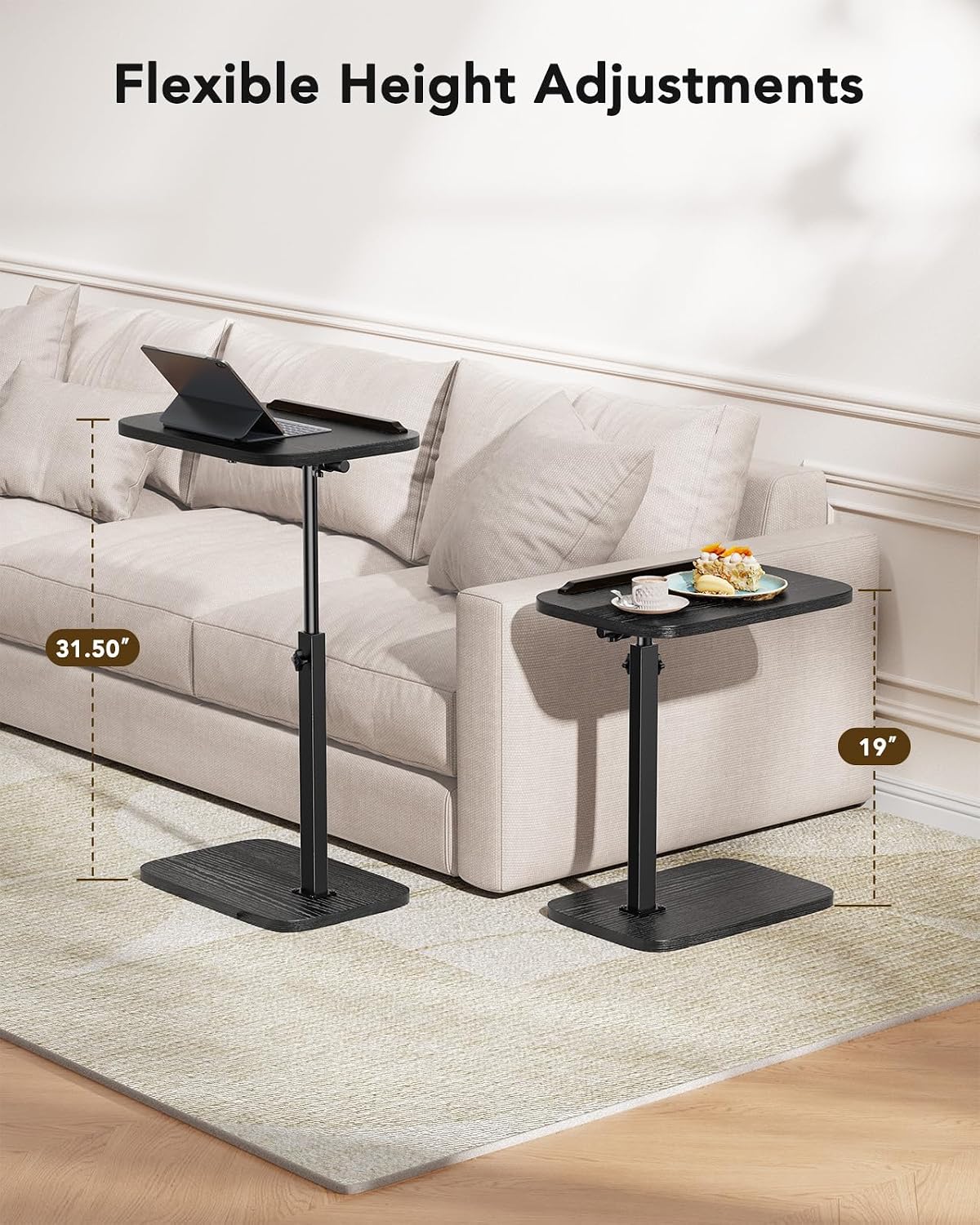 HUANUO TV Tray with Height Adjustment, 360° Swivel, 90° Tilt, Black