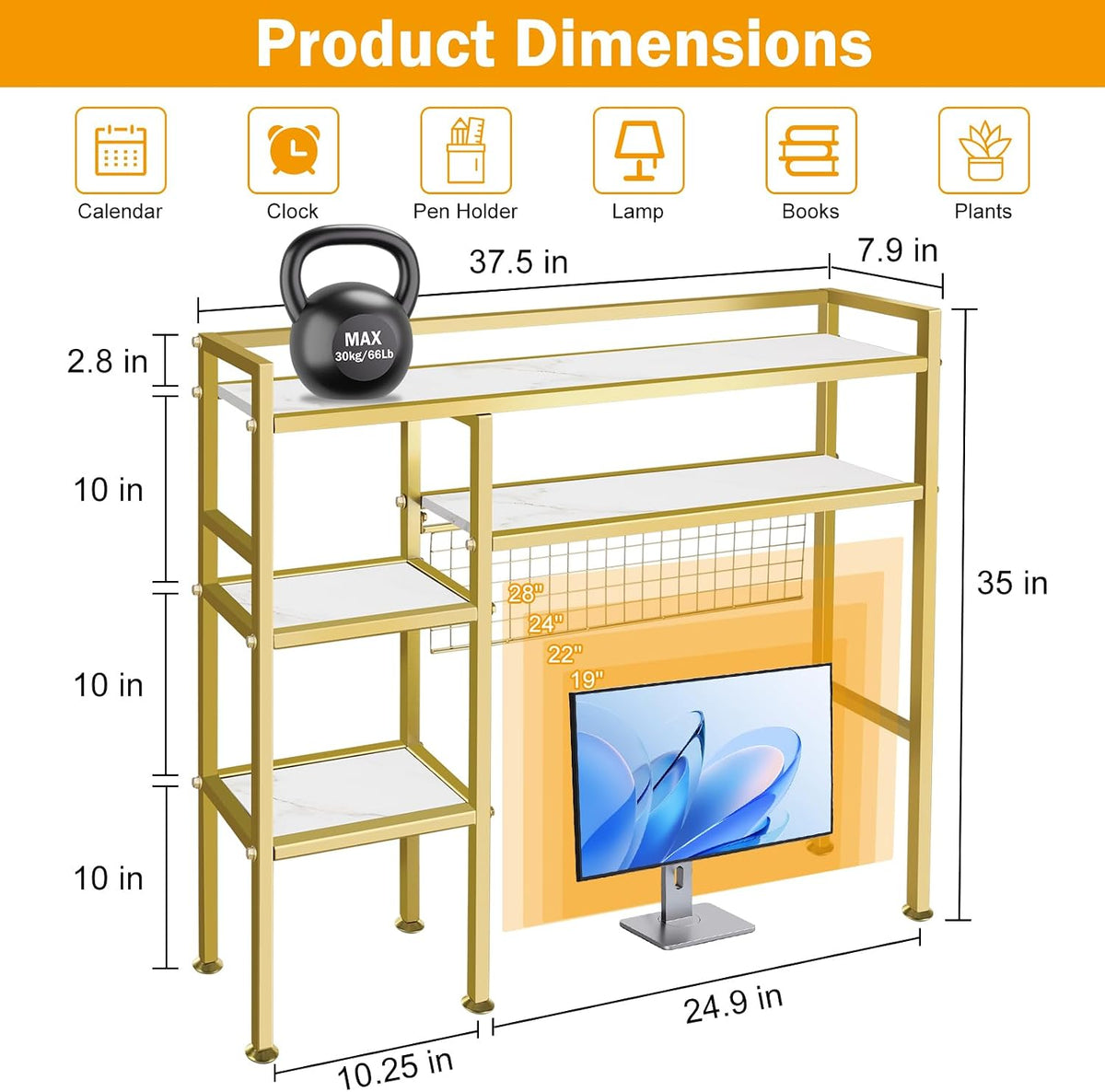Desk Shelf with Grid Panel, 37.5" Desktop Hutch Organizer, 4-Tier Desk Bookshelf for Computer Desk, Metal & Wood Desktop Storage Rack for Home Office, Dorm, Study Desk, Gold