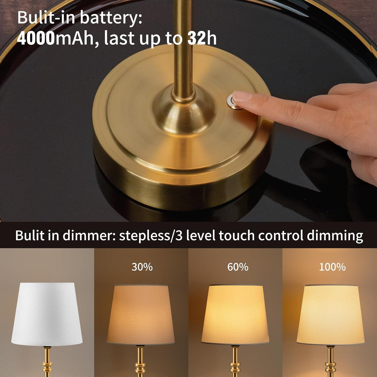 ONEWISH Small Cordless Lamp Dimmable-Battery Operated Table lamp, 4000mAh Rechargeable, Touch Bedside Lamp with White Fabric Shade, 2700K Bulb Included, for Dining, Patio, Bathroom(Gold)