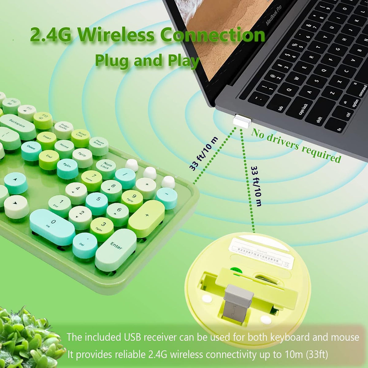 Green Retro Typewriter Wireless Keyboard and Mouse Combo for Home Office