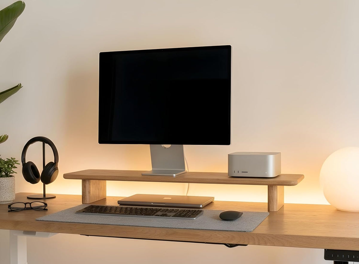 White Oak Single Monitor Stand Riser - 31.5" Wooden Monitor Stand for iMac, Laptop & Monitor, Minimalist Desk Shelf Organizer